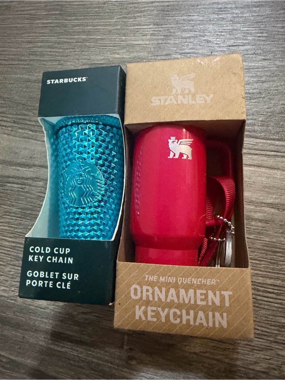 Stanley Red Mini Ornament Keychain + Starbucks Blue Metallic Studded Keychain